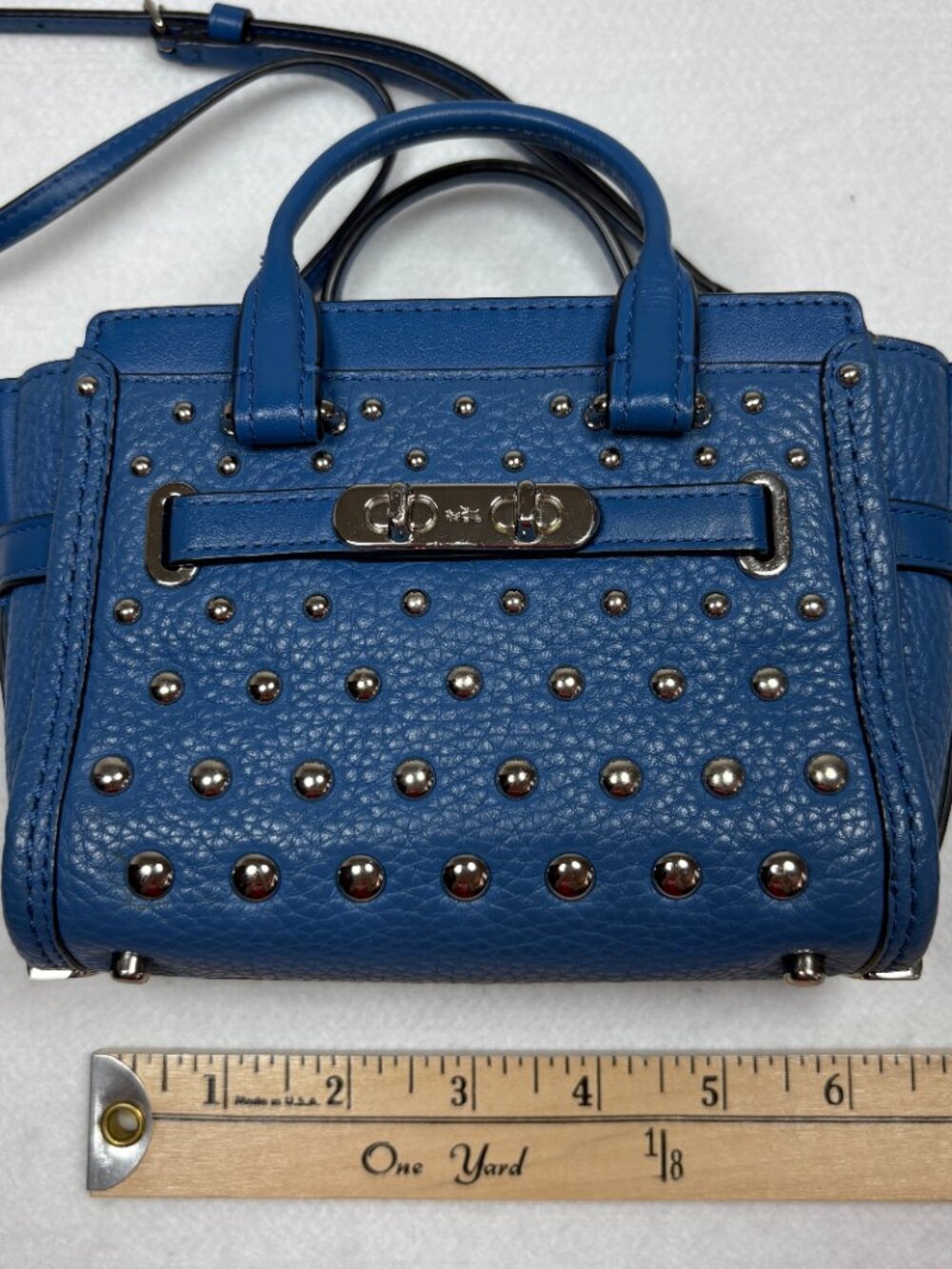 Coach Swagger 15 Blue Pebble Leather Ombre Rivets Crossbody Bag Quiet Luxury - Picture 6 of 11